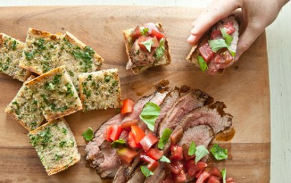 Tri-Tip Steaks with Tomatoes, Basil and Garlic Bread
